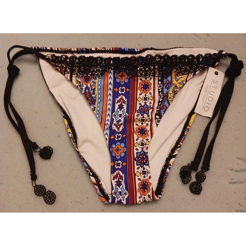 NEW‎ Studio Anne Cole Boho Floral Print Side Tie Bikini Bottoms, Size Large